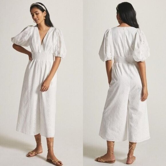 Anthropologie Hutch Smocked Waist Puff Sleeve Eyelet Jumpsuit - Picture 2 of 13